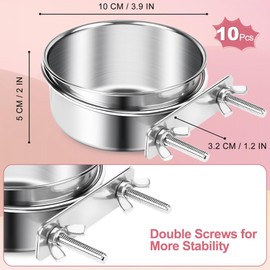 ToLanbbt 10 Pcs Stainless Steel Bird Food Bowls Water with Double Screws and Clamp Holders, Parrot Feeding Dish Cups Parrot Cage Coop Feeders for Cockatiel Conure Budgie Parakeet Macaw Small Animal, S