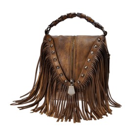 ZLYC Women's Leather Bamboo Hand Strap Featured Fringe Bohemian Tassel Studed Cross Body Bag, Brown, One Size