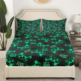 Feelyou Gamer Bed Sheet Set Gaming Fitted Sheet for Kids Boys Girls Teens Room Decor Game Room Decor Gamepad Splash-Ink Bedding Set Twin Size Green Bed Cover Deep Pocket(No Top Sheet) 2Pcs