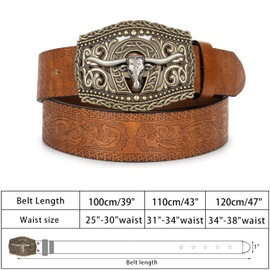 Eohak Mens-Western-Cowboy-Belt - Longhorn-Bull-Pattern-Buckle-Belt Floral-Engraved-Buckle-Belt Fit 25" to 38" Waist (Brown-Bull Head, Fit Waist 34-38 in)