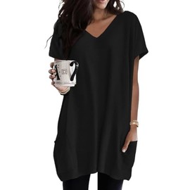 Poetsky Womens Pullover Top Shirts V Neck Loose Fit Solid Color Short Sleeve Long Tunic Tops Baggy T-Shirts with Pockets for Women Black XL