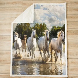 Feelyou Horse Sherpa Throw Blanket 3D Wild Animal Fleece Blanket Galloping White Horse Printed Plush Blanket for Sofa Bed Couch Bedroom Decor Wildlife Fuzzy Blanket Queen 90"x90"