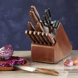 Chicago Cutlery Signature Edge Steel 13-Piece Kitchen Knife Block Set With Wooden Block & Built-In Sharpener, Ergonomic Handles and Stainless Steel Professional Chef Knife Set & Scissors in Walnut