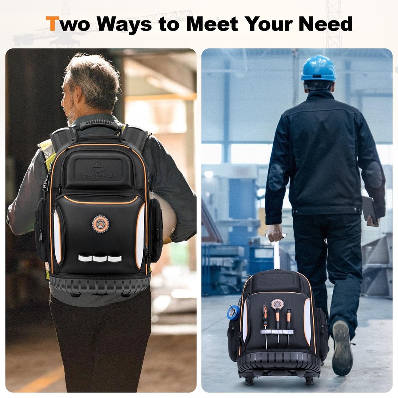 Rolling Backpack Tool Bag with Wheels, Heavy Duty Electrician's Tool