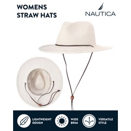 Nautica Womens Sun Hat - Wide Brim Straw Hat with Chin Strap - Packable Beach Sun Hats for Women with Sun Protection, Pale Ivory