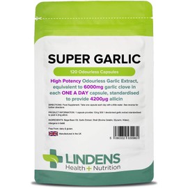 Lindens Super Garlic Odourless Capsules - 120 Pack - High Strength 6000mg (4200mcg Allicin) - Contributes to Normal Muscle Function, Heart Health and Immune Health - UK Manufacturer, Letterbox Friendly