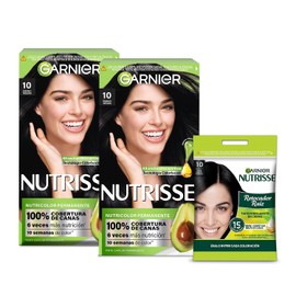 Kit Garnier Nutrisse de Coloración Tono 10 Ébano Negro + Retocador de Raíz 1.0, Tinte Permanente con 3 Aceites Nutritivos, 100% Cobertura de Canas y Resultado Impecable en 15 Minutos