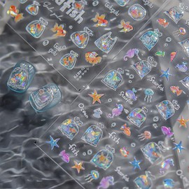 2Pcs Summer Nail Art Stickers 5D Embossed Self-Adhesive Nail Decals Cute Cartoon Goldfish Shell Starfish Jellyfish Seahorse Koi Design Marine Life Nails Art Supplies Ocean Theme Manicure Accessories