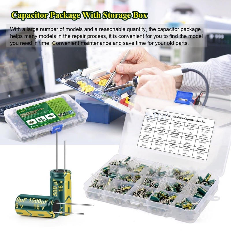 KSOPUERT 15 Value 225 Pieces 1uF-470uF Aluminium Capacitor Box Kit