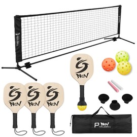 NQV Pickleball Set with Net,10FT Half Court Size Pickleball Net Portable Outdoor Indoor Driveway Home+4 Wood Paddles+4 Pickle Balls+4 Ball Retrievers, Pickleball Set for Adults Kids Beginners Pros