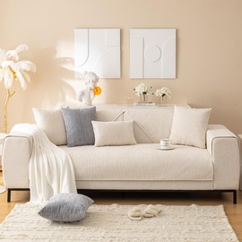 vctops Soft Chenille Sofa Couch Cover Solid Color Striped Weave Textured Sectional Couch Covers Washable Anti-Slip Sofa Slipcover for Dogs Pet, 1 Piece/Not All Set (Cream,35"x82")