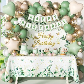 Sage Green Birthday Decorations with Gold Nude Sage Green Foil Balloons Happy Birthday Banner Sage Green Tablecloth Backdrop for Happy Birthday Decorations for Women Adults