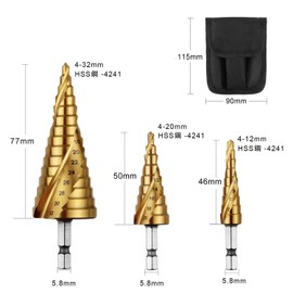 ONUEMP Step Drill, Hexagonal Drill, Set of 3, Spiral, Sharp, Titanium Coating, Spiral, HSS Steel Drill, Hexagonal Spiral (Set of 3, 0.13 - 1.3 inches (4 - 32 mm), 0.1 - 0.8 inches (4 - 32 mm), 0.1 - 0.4 - 0.5 inches (4 - 20 mm), 0.4 - 0.5 inches (4 - 12 mm)