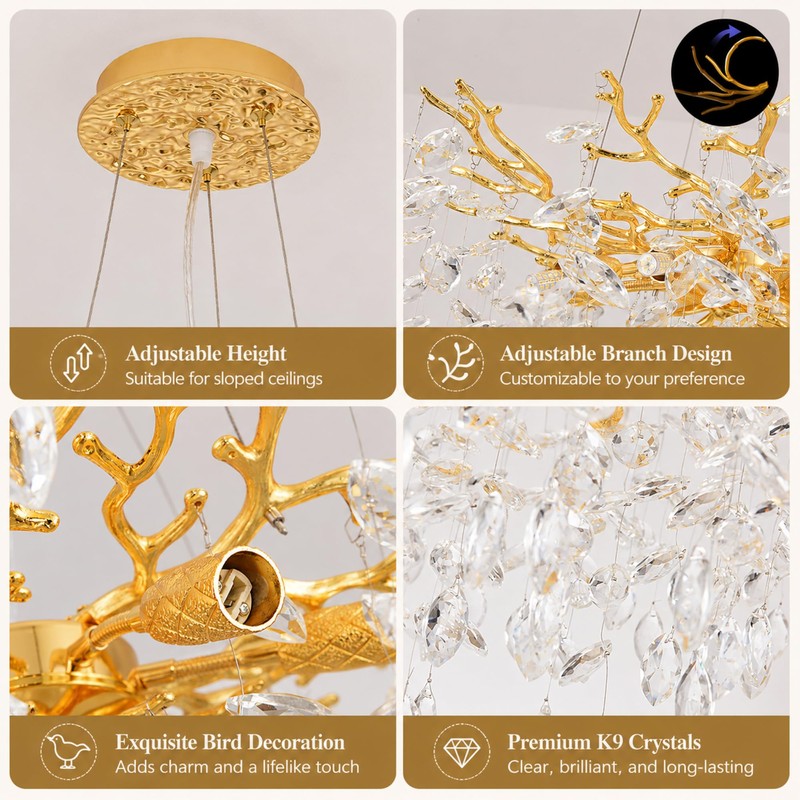 XYDikssn Modern Gold Crystal Tree Chandelier - 24 Inch 10-Light