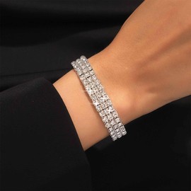 Inilbran Boho Crystal Tennis Bracelets Vintage Rhinestone Tennis Stretch Bracelet Shiny Crystal Wedding Elastic Band Bracelet Sparkling Bride Stackable Bracelet Jewellery for Women (Gold), Zinc