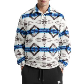 ZAFUL Men’s Aztec Polar Fleece Pullover – Half Button Polo Collar Long Sleeve Sweatshirt(White&Blue/L)