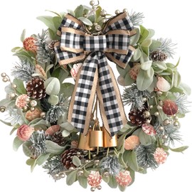 22" Green lamb's Leaves Wreaths for Front Door Winter Spring Wreath with Pine Cones Shells Satin Bow Bells,Artificial Wreath for Indoor Outdoor Farmhouse Home Porch Wall Window Festival Wedding Decor