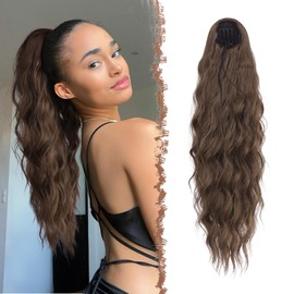 FESHFEN Drawstring Ponytail Extensions – Long Curly Wavy Pony Tail Extension with Comb Clip in Synthetic Ponytail Hairpieces for Women, Mixed Brown 24 inch