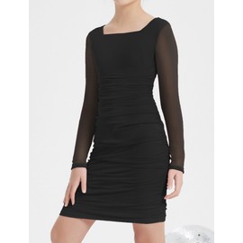 EXARUS Girls Long Sleeve Bodycon Mini Mesh Dress Homecoming Party Dance Ruched Short Tight Pencil Dresses Black 12 Years