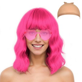 Mermaid Wigs Costume Wig Cap and Sunglass Set, Shoulder Length Loose Curly Synthetic Wig with Bangs Party Wigs for Halloween Christmas Masquerade Party (Hot Pink)