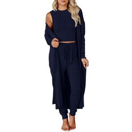 KIRUNDO 3 Piece Lounge Sets for Women Airplane Travel Outfits Casual Cardigan Sleeveless Top Pants Sets Matching Clothing(Navy Blue, X-Large)