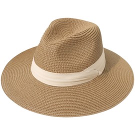 Lanzom Women Wide Brim Straw Panama Roll up Hat Fedora Beach Sun Hat UPF50+(Z-Beige Ribbon Brown,Large-X-Large)