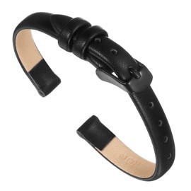 sourcing map Black Genuine Leather Band 12mm Width, Flat Thin Elegant Leather Watch Strap Black Buckle for Men and Women