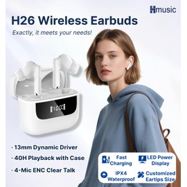 Hmusic H26 Wireless Earbuds,4 Mic ENC in Ear Headphones,Bluetooth Earphones 40H Playtime w/Charging Case,LED Display,Long Battery Life,Waterproof Workout Sport for Android iOS