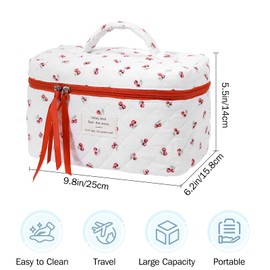 senbowe Large Makeup Bag Cute Cosmetic Bag for Women Floral Coquette Aesthetic Toiletry Bag Travel Make Up Organizer Bag, Red Cherry, Floral