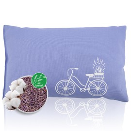 HERBALIND Lavender Cushion 30 x 20 cm - Scented Cushion with Lavender Flowers and New Sheep's Wool, Cotton Cover with Bicycle Motif on Lavender Blue