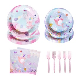 DELICAT Under The Sea Party Decorations Ocean Theme Birthday Supplies with Paper Plates Forks and Napkins Disposable Tableware Set For 24 Guests Girl Sea Animals Party Baby Shower