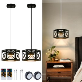 XSDeTu 2 Pack Rechargeable Battery Operated Pendant Lights, Modern Farmhouse Battery Powered Hanging Light, 3 Colors Dimmable Metal Ceiling Lights, Adjustable Black Pendant Lighting for Kitchen island