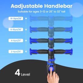 TONBUX Kids Scooter for Age 3-12, Toddler Scooters with 4 Adjustable Heights, Light Up 3-Wheels Scooters, Shock Absorption Design, Lean to Steer, Balance Training Scooter for Kids - Blue