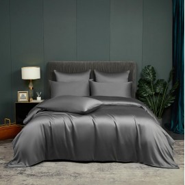 Bamboo Bed Linen Grey Dark Grey 135 x 200 cm Smooth Luxury Bamboo Fibre Summer Bed Linen Breathable Cooling Bed Linen Set Soft Single Bed Duvet Cover with Zip and 1 Pillowcase 80 x 80 cm