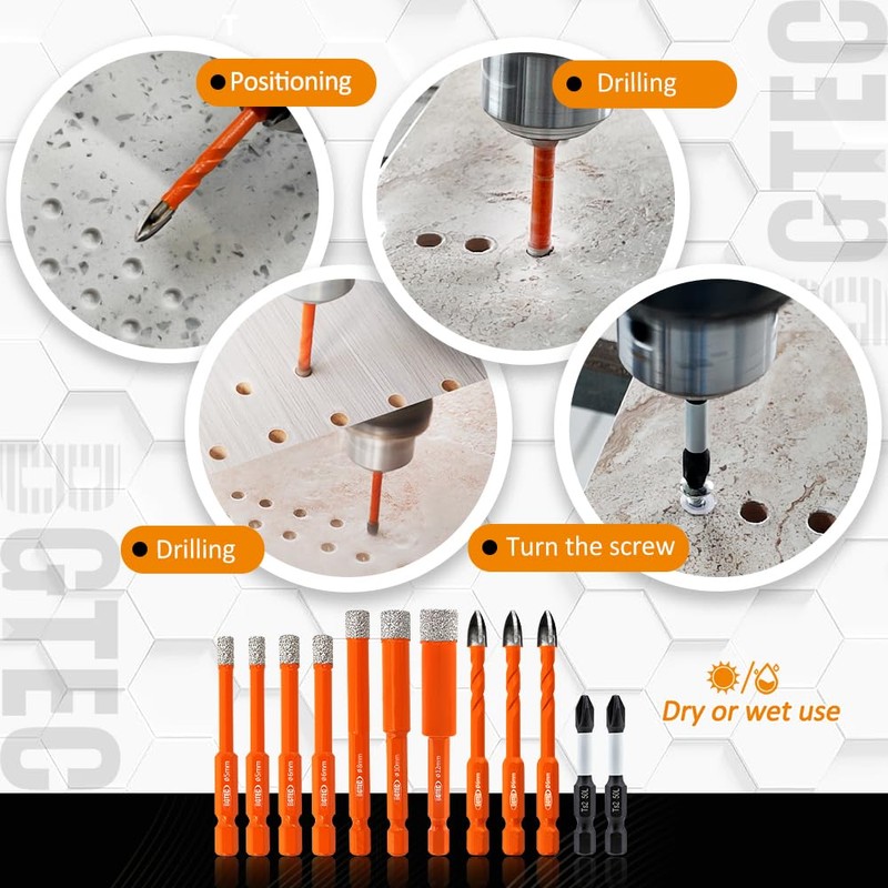 BGTEC Diamond Drill Bit Set 12PCS - 5MM+6MM*2+8MM+10MM Tile Bits