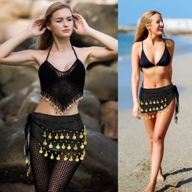 Xindojuz 1 PCS Belly Dance Skirt, Belly Dance Hip Scarf with 72 Gold Coins, Performance Bellys Dancer Costume Concert Outfits for Women Yoga Bellys Dancing (Black, 130 cm/51 Inch)