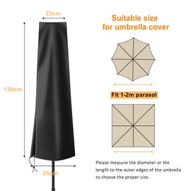 OKPOW Parasol Cover, Heavy Duty Rip Proof 600D Oxford Fabric Parasol Covers Waterproof, Windproof, Anti-UV, Large Umbrella Cover with Zip (136 * 23 * 25cm, Black)