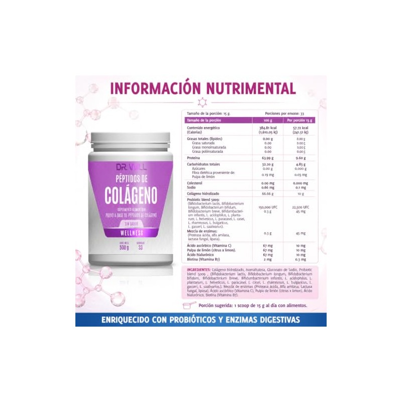 DR. WILL Colágeno Hidrolizado en Polvo 500 g, Péptidos de