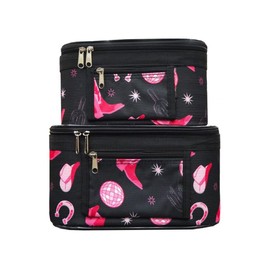 Cow Girl Printed Cosmetic Cases with Zippers, Black and Pink Cowboy Boots & Disco Ball, Set of 2