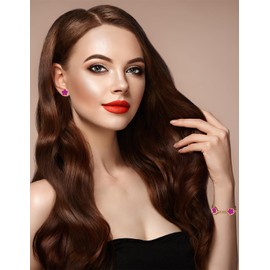 JIEMUCHU Gold Plated Stainless Steel Four Leaf Clover Bracelet and Stud Jewelry Set for Women (Hot Pink-Gold Plated)