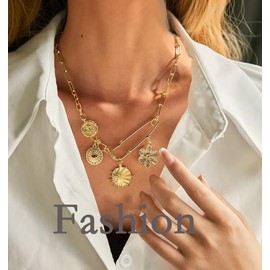CVSQXPL Charm Necklace for Women Gold Evil Eye Sun Moon Flower Coin Pendant Necklace Dainty Paperclip Chain Vintage Luck Amulet Choker Necklaces Celestial Jewelry（Flowers and Sun ）
