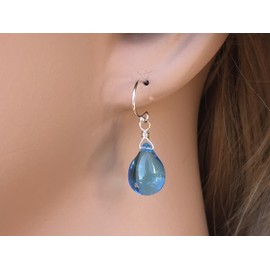 Blue Wire Wrapped Glass Dangle Drop Earrings, Sterling Silver Elegant Gift Boxed for Christmas, Valentines Day, Birthdays, Mothers Day, Women, Mom, Graduation, Graduate, Brides, Bridesmaids, Weddings
