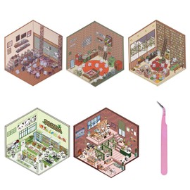 5 Sets of Three-Dimensional House Stickers and 1 Piece of Tweezers, Creative Landscaping Stickers, Cartoon Scene Stickers, Interesting Sticker Toys