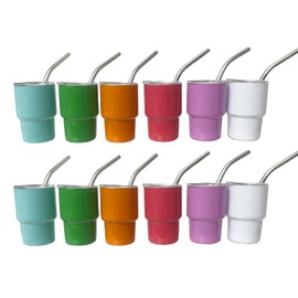 BEDAZE 3 oz Mini Tumbler Shot Glass with Straw，Sublimation Double layer metal Blank Stainless Steel Cute Shot Glasses Set with Lids for Party drinks, coffee, cocktails (12pcs - Multicolor)