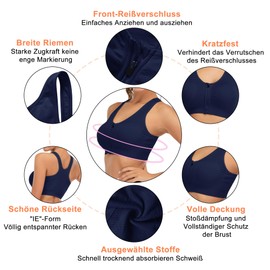 FXTYK Zip Front Sports Bra Post Surgery Bra Yoga Workout Fitness Activewear Racerback Padded Bras for Women, navy, L