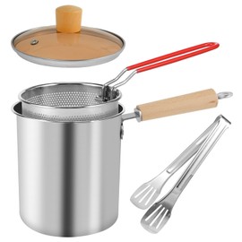 Deep Fryer Pot, Small Deep Fryer with Basket Stainless Steel, Deep Fry Pot with Strainer Basket & Glass Lid, Japanese Tempura Fryer Pot for Kitchen Fries Chicken (Deep Fryer Pot with Wooden Handle)