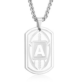 Fervia Football Initial Necklace for Men Boys Kids Teen Dog Tag Stainless Steel Sliver Letter Pendant Sport Football Athletes Jewelry Gifts for Men Boyfriend with 22+2 Inches Stainless Steel Chain(A)