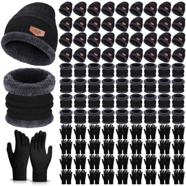 Suhine 108 Pcs Winter Beanies Hat Glove Scarf Sets Unisex Cap Bulk Fleece Neck Warm Scarves for Homeless Women Men(Black)