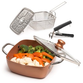 Moss & Stone 5 Pcs Copper Chef Cookware Non Stick Deep Frying Pan, Fry Basket, Steamer Rack, Dishwasher & Oven Safe, 5 Qt Deep Square Pan, Induction Copper Cookware Set - 9.5" x 3.5"