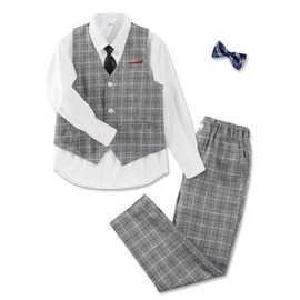LOLANTA 5-Piece Kid Boys Waistcoat Suit Set, Page Boy Checked Wedding Birthday Party Gentleman Suits, Vest Pants Shirt Bow Tie Formal Wear Outfits（Grey, 8-9 Years, Tag Size 140